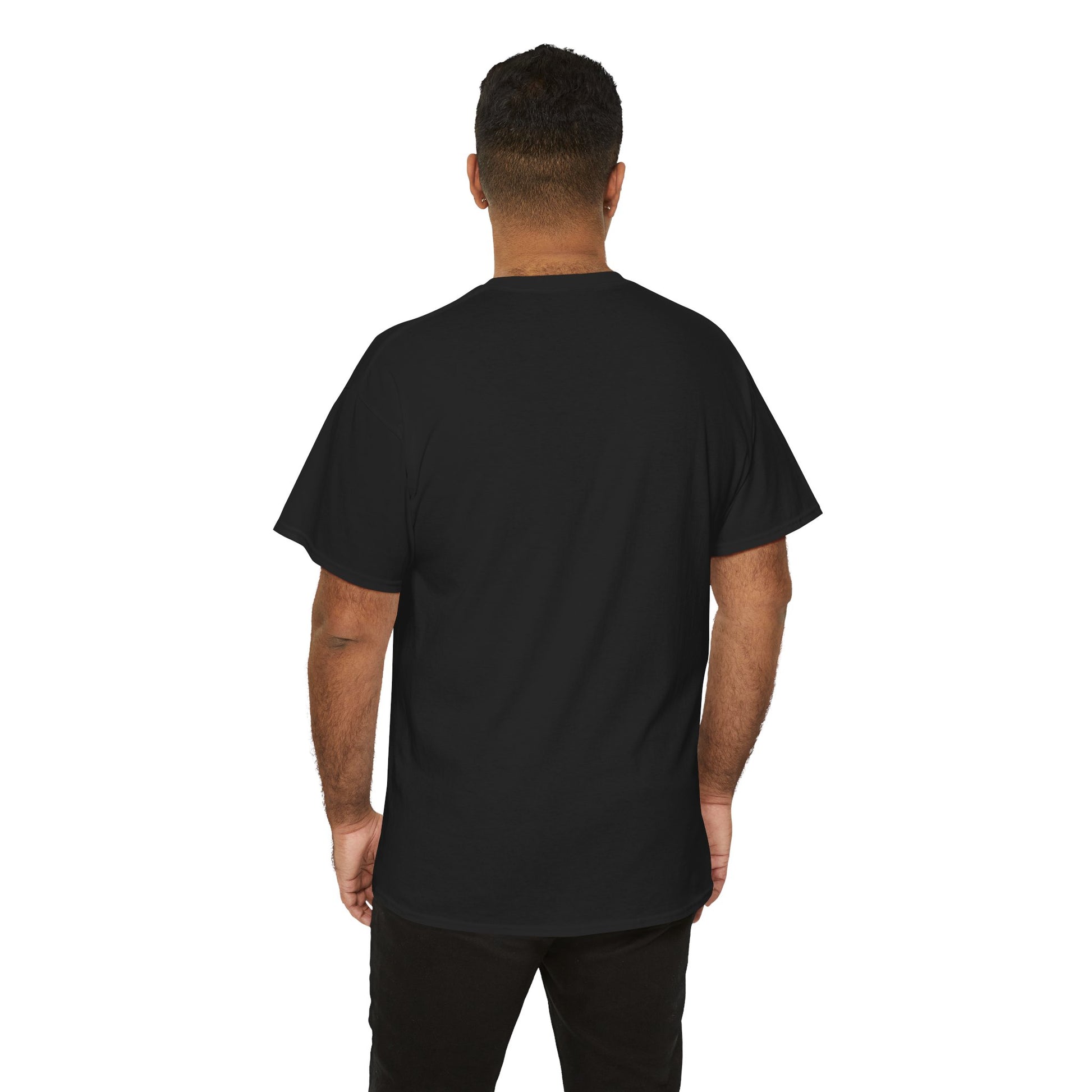 "Wolfman" plain black t-shirt; back view; on model.