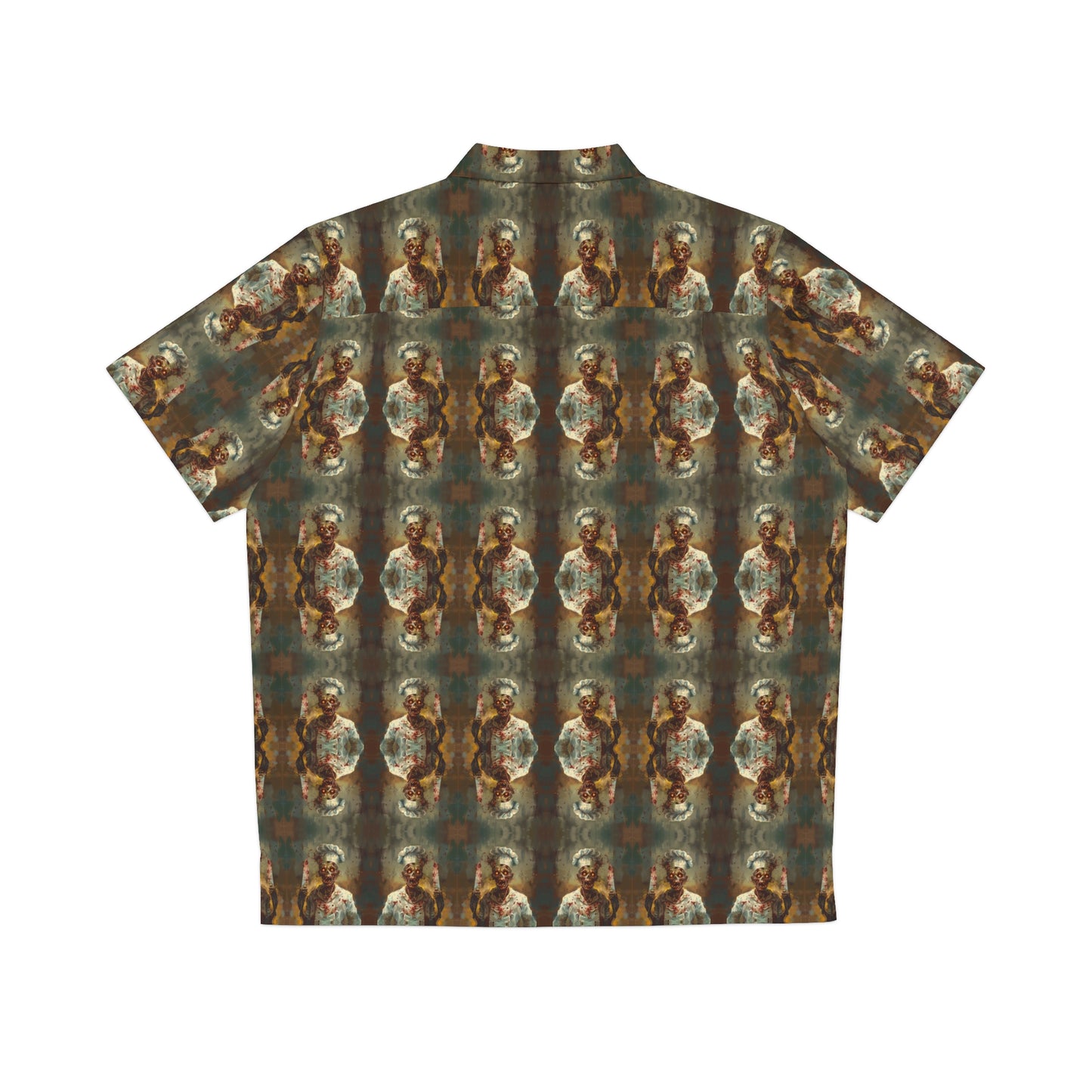 "Zombie Chef" men's Hawaiian shirt with undead cannibal cook graphic in monster aloha pattern; back view; flat lay.
