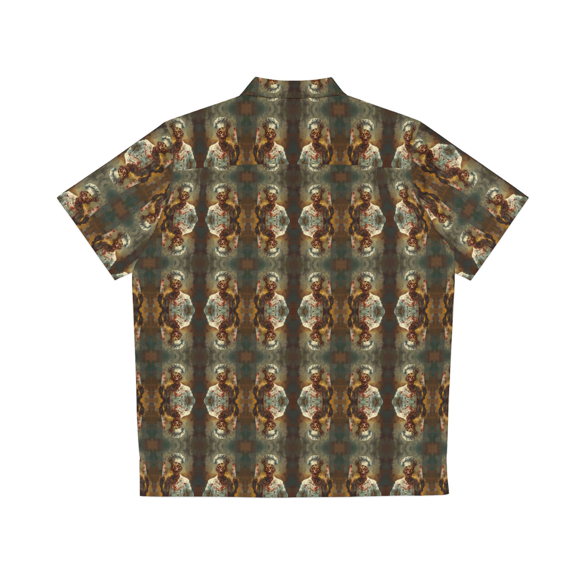 "Zombie Chef" men's Hawaiian shirt with undead cannibal cook graphic in monster aloha pattern; back view; flat lay.
