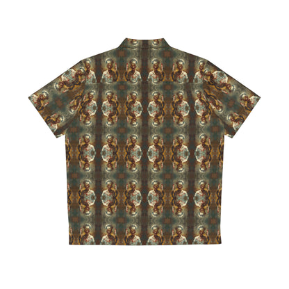 "Zombie Chef" men's Hawaiian shirt with undead cannibal cook graphic in monster aloha pattern; back view; flat lay.
