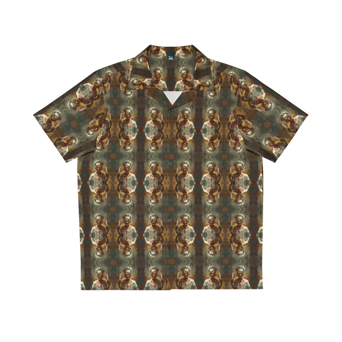 "Zombie Chef" men's Hawaiian shirt with undead cannibal cook graphic in monster aloha pattern; front view; flat lay.
