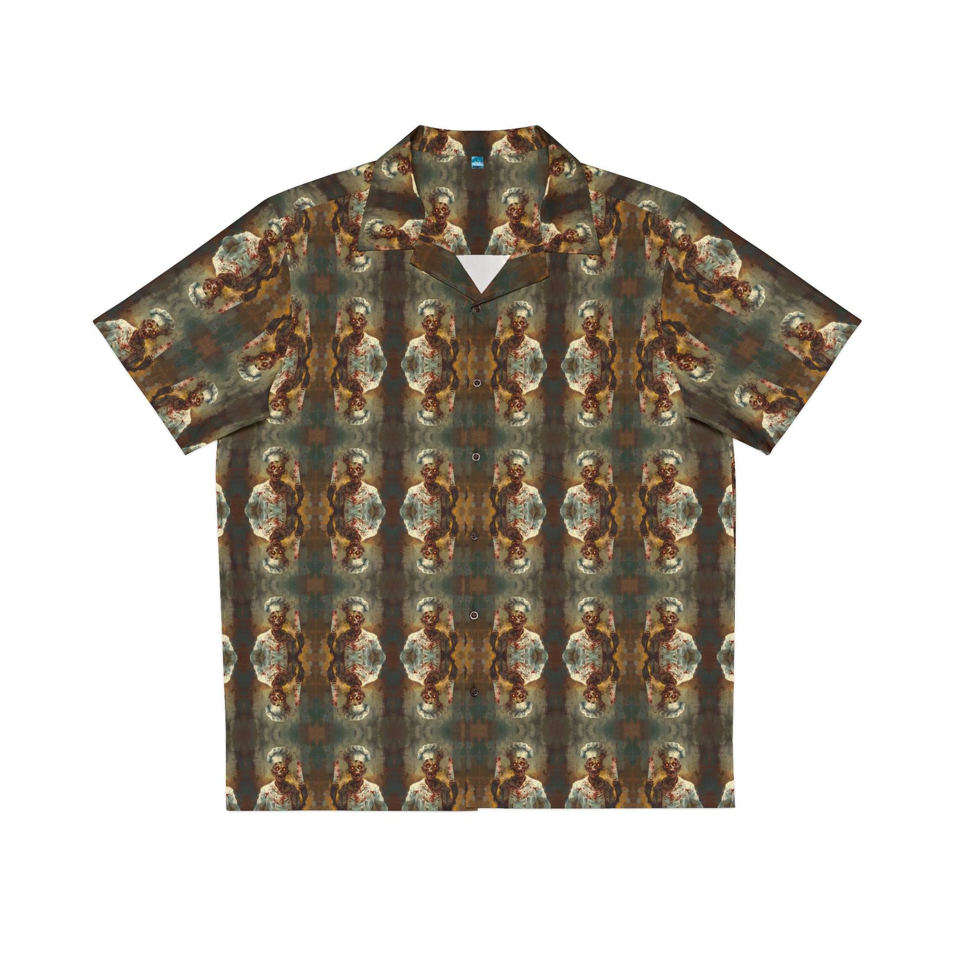 "Zombie Chef" men's Hawaiian shirt with undead cannibal cook graphic in monster aloha pattern; front view; flat lay.
