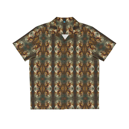 "Zombie Chef" men's Hawaiian shirt with undead cannibal cook graphic in monster aloha pattern; front view; flat lay.
