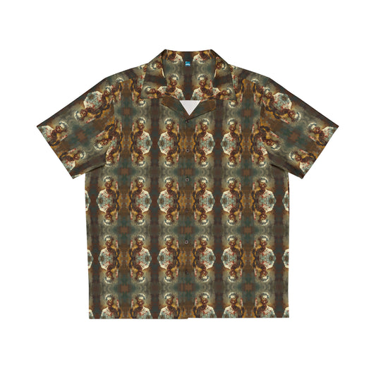 "Zombie Chef" men's Hawaiian shirt with undead cannibal cook graphic in monster aloha pattern; front view; flat lay.
