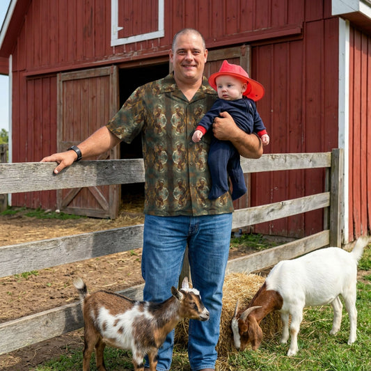 "Zombie Chef" men’s Hawaiian shirt with undead cannibal cook graphic in monster aloha pattern; front view; on model with baby and goats in front of red barn.
