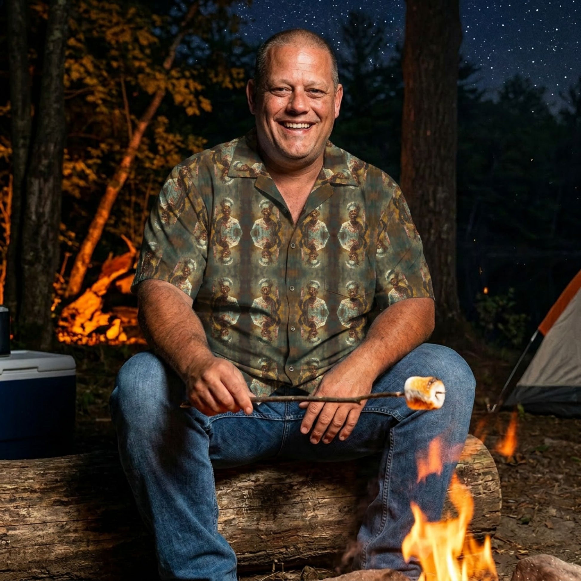 "Zombie Chef" men’s Hawaiian shirt with undead cannibal cook graphic in monster aloha pattern; on model roasting a marshmallow over a campfire at night.
