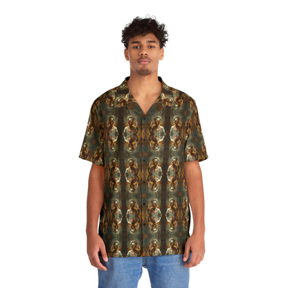 "Zombie Chef" men’s Hawaiian shirt with undead cannibal cook graphic in monster aloha pattern; front view; on model.
