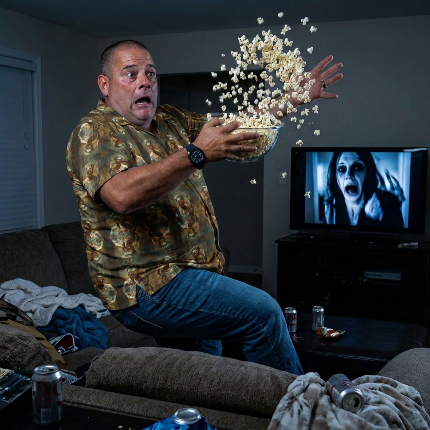 "Zombie Chef" men’s Hawaiian shirt with undead cannibal cook graphic in monster aloha pattern;three-quarter view; on model startled in a living room throws popcorn into the air with  a TV showing a horror movie
