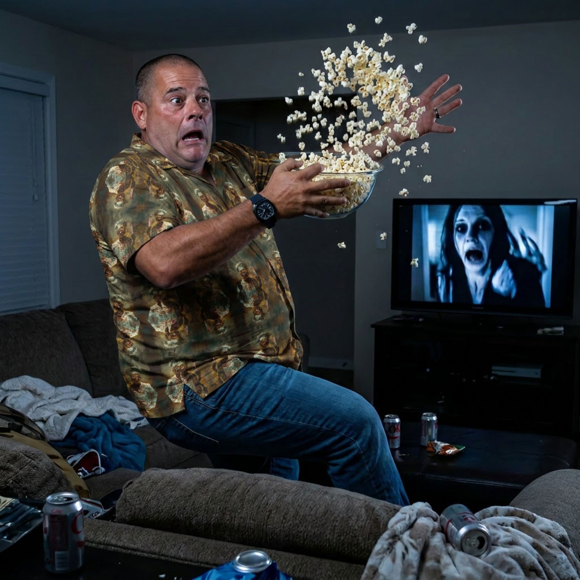 "Zombie Chef" men’s Hawaiian shirt with undead cannibal cook graphic in monster aloha pattern;three-quarter view; on model startled in a living room throws popcorn into the air with  a TV showing a horror movie
