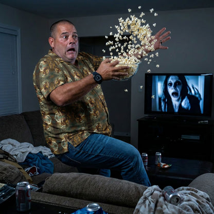 "Zombie Chef" men’s Hawaiian shirt with undead cannibal cook graphic in monster aloha pattern;three-quarter view; on model startled in a living room throws popcorn into the air with  a TV showing a horror movie
