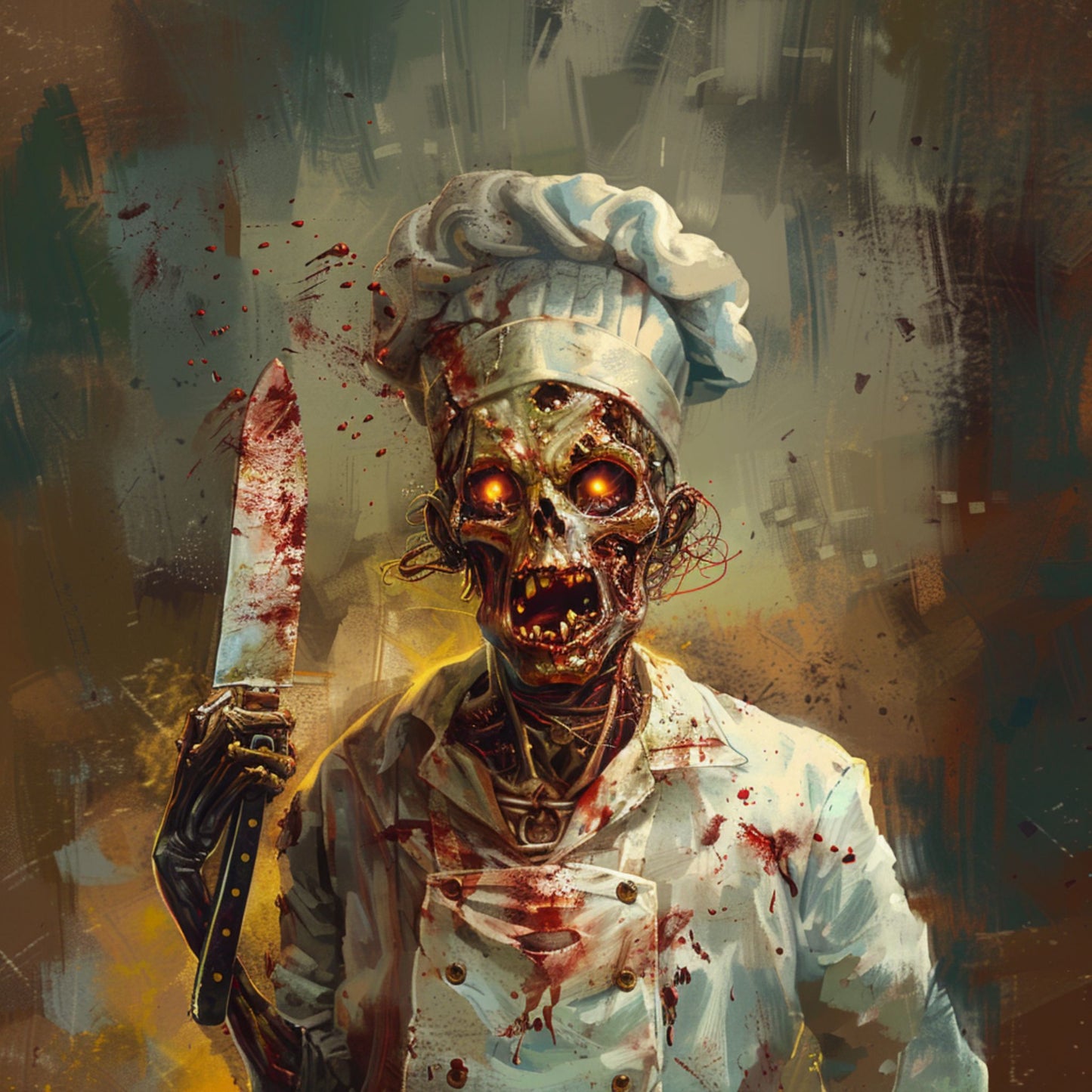 "Zombie Chef" an undead cannibal cook with bloody knife 