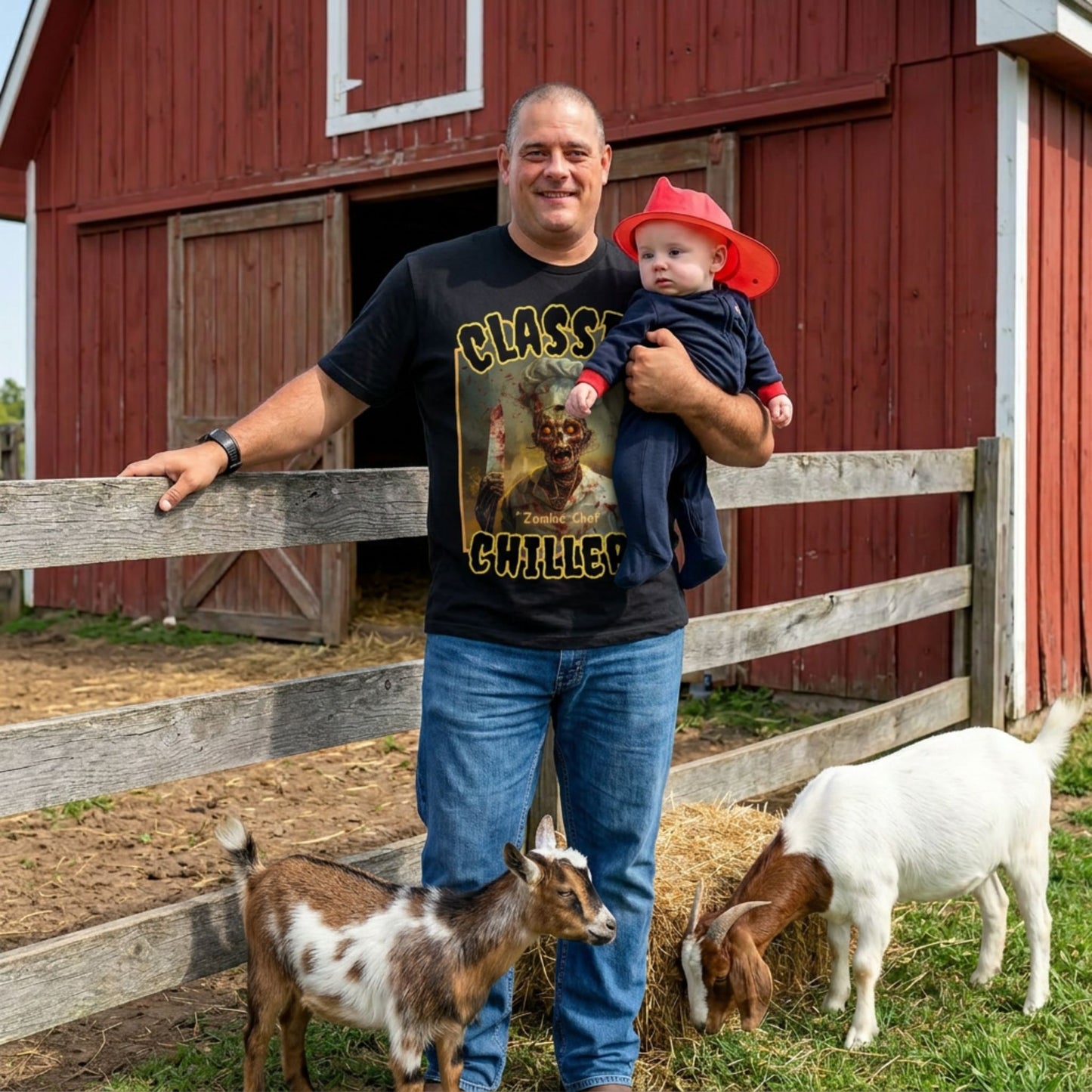 "Zombie Chef" black t-shirt with cannibal gourmet graphic and classic chillers logo; front view; on model with baby and goats in front of red barn.

