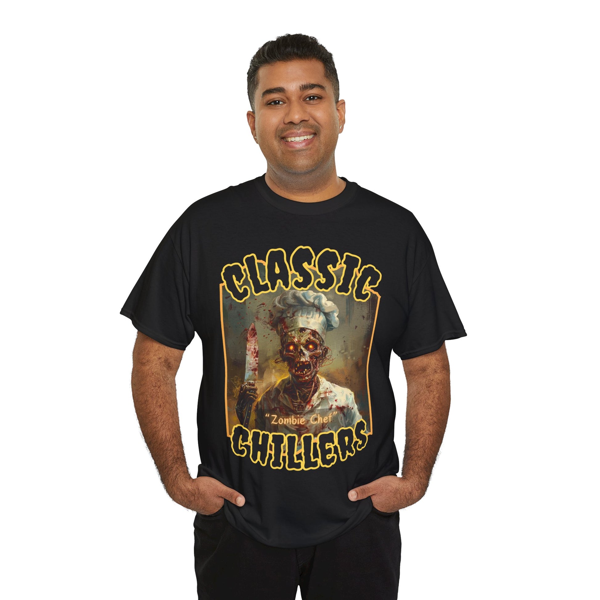 "Zombie Chef" black t-shirt with cannibal gourmet graphic and classic chillers logo; front view; on model.

