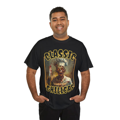 "Zombie Chef" black t-shirt with cannibal gourmet graphic and classic chillers logo; front view; on model.
