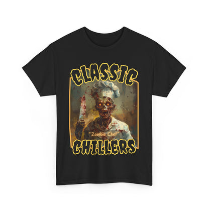 "Zombie Chef" black t-shirt with cannibal gourmet graphic and classic chillers logo; front view; flat lay.
