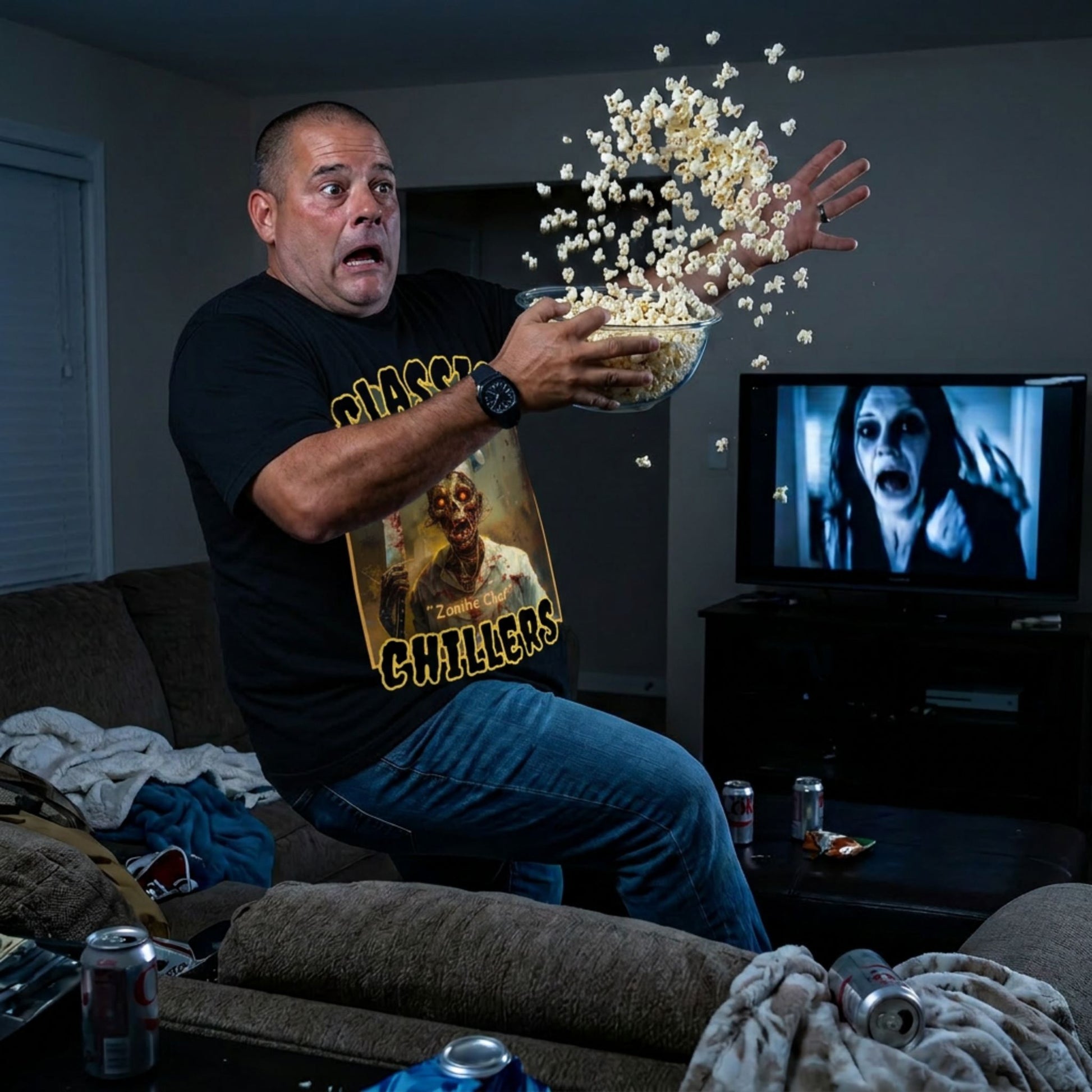 "Zombie Chef" black t-shirt with cannibal gourmet graphic and classic chillers logo; three-quarter view; on model startled in a living room throws popcorn into the air with  a TV showing a horror movie
