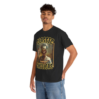 "Zombie Chef" black t-shirt with cannibal gourmet graphic and classic chillers logo; three-quarter view; on model.
